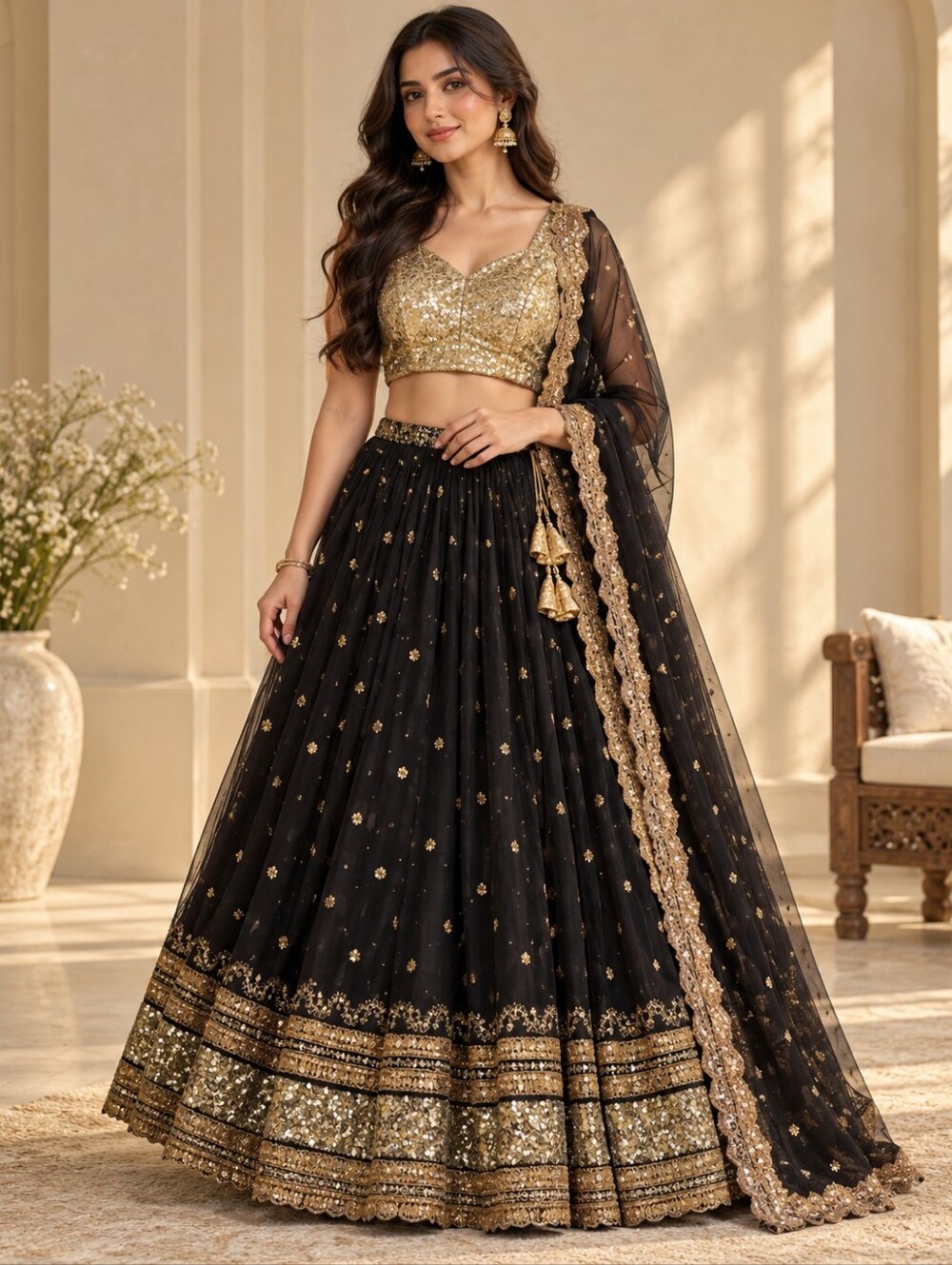 Black Golden Sharmily Lehenga Choli Set with Sequin Blouse